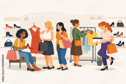 Diverse women shopping in a fashion boutique or mall, browsing clothing racks, trying on high heel shoes, and carrying shopping bags in a modern flat vector illustration of a retail store.