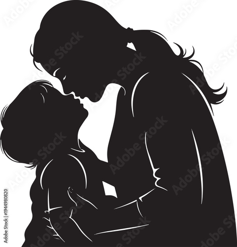 Silhouette of a mother tenderly holding her child, sharing a loving gaze and about to kiss, representing deep maternal bond and affection.