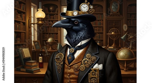Anthropomorphic Raven Man in Suit. Surreal Bird Head Character