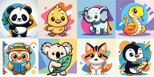 Cute Cartoon Animal Character Collection with Panda Chick Elephant Snake Owl Koala Cat Penguin