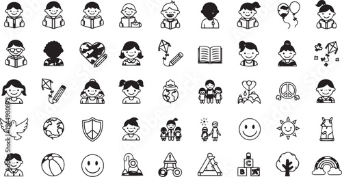 Cute Kids and Education Line Art Icon Set