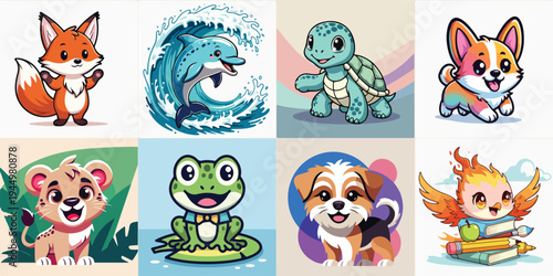 Collection of Adorable Cartoon Animal Characters Including Fox Dolphin Corgi Frog Phoenix