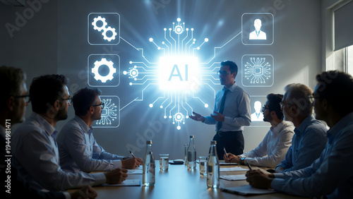 A businessman presents artificial intelligence concepts to colleagues in a modern office meeting.