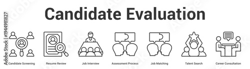 Candidate Evaluation web banner icon set vector illustration concept for business with icon of Candidate Screening, Resume Review, Job Interview, Assessment Process, Job Matching, Talent Search, Car.