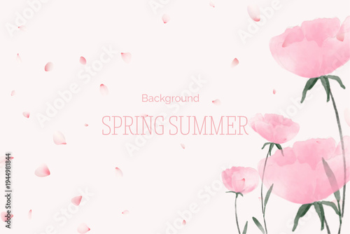 Spring floral in watercolor vector background. Luxury wallpaper design with pink flowers, line art, golden texture.