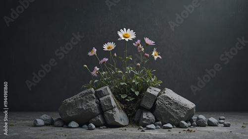 Flowers emerge resiliently from a split rock, symbolizing nature's triumph over adversity in a stark, minimalist still life, and a dark setting.