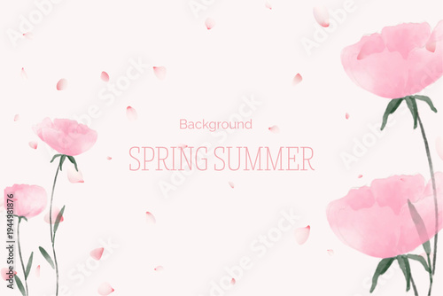Spring floral in watercolor vector background. Luxury wallpaper design with pink flowers, line art, golden texture.