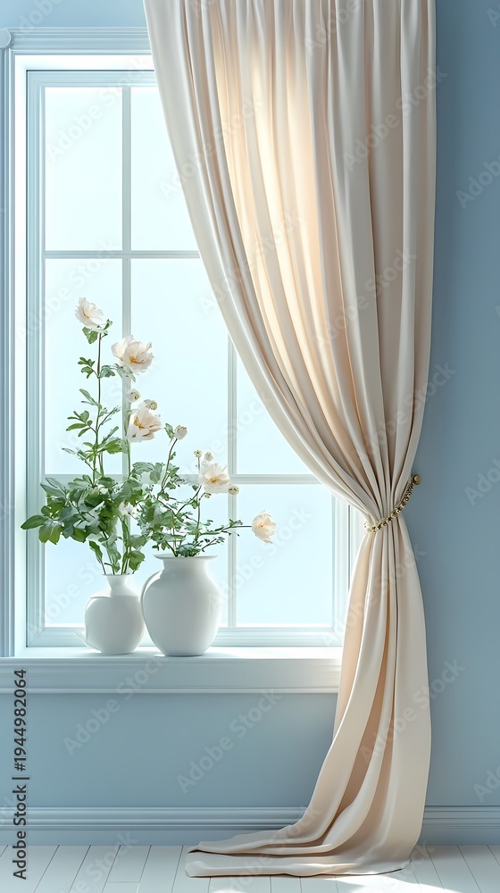 Fototapeta premium window curtains flowers booth poster background