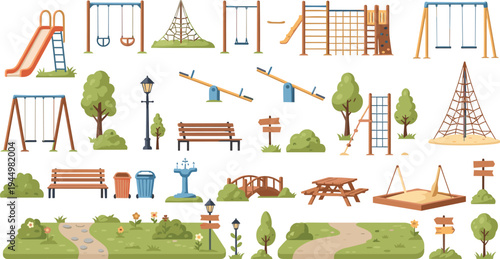 Playground Park Elements Collection with Slides Swings Climbing Frames Trees Benches Picnic Tables and Outdoor Park Equipment Vector Set