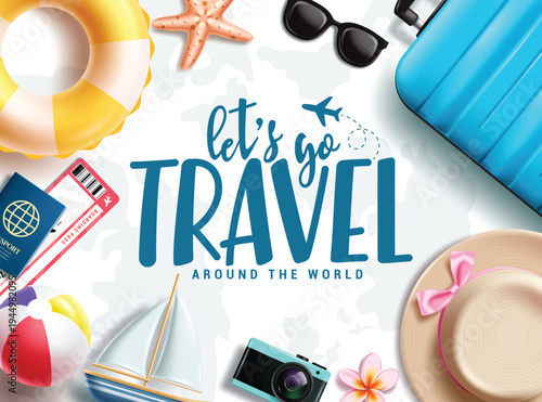 Let's go Travel elements clipart. Let's go Travel text with summer and traveler elements clip art like luggage bag, summer hat, camera, boat, beach ball, ticket, passport, floater, starfish 