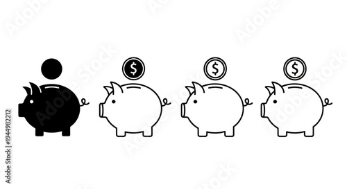 Progression of savings represented by a black piggy bank followed by white piggy banks with coins, illustrating financial growth.