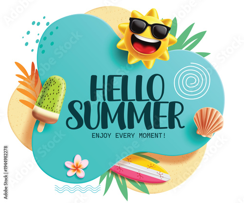 Hello Summer greeting clipart abstract background design. Hello Summer greeting text clip art in blue and sand abstract background with tropical elements like sun character, popsicle and shell 