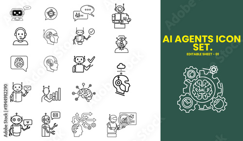 AI Agents Icon Set, Automation and Smart AI Workflow Vector