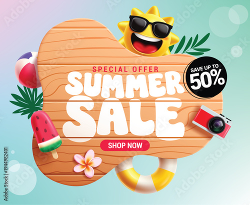 Summer Sale wooden clipart design. Summer Sale text in wood abstract background for tropical season shopping discount clip art with Summer elements like sun character, beach ball, popsicle, camera 