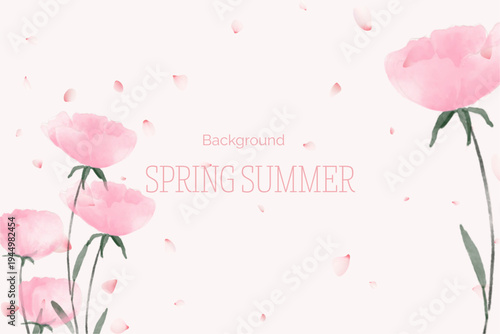 Spring floral in watercolor vector background. Luxury wallpaper design with pink flowers, line art, golden texture.