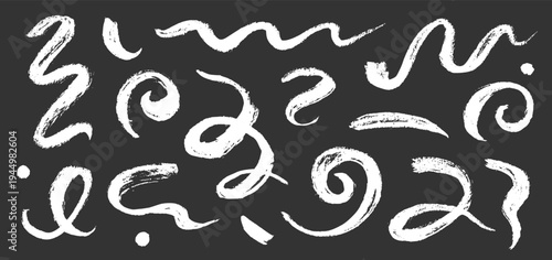 Hand painted brush stroke curves, chinese swirls, line calligraphy element set. Hand drawn chinese brush paint stroke swish, swoosh wave grunge textured doodles on chalkboard. Vector