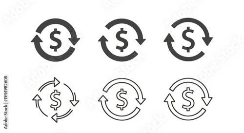 Six Circular Dollar Cycle Icons Representing a Continuous Financial Exchange.