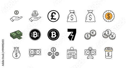Collection of financial and cryptocurrency icons in a flat vector design.