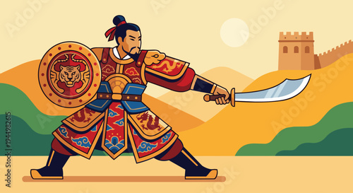 Chinese Warrior with Shield and Sword

Flat vector illustration of an ancient Chinese warrior holding a round shield and sword in a defensive stance. Armor with traditional patterns visible. 