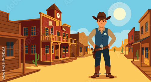 Sheriff Standing in Front of Town Hall

Flat vector illustration of a western sheriff standing confidently in front of a wooden town hall building. Wearing a cowboy hat, sheriff badge, boots, and hold
