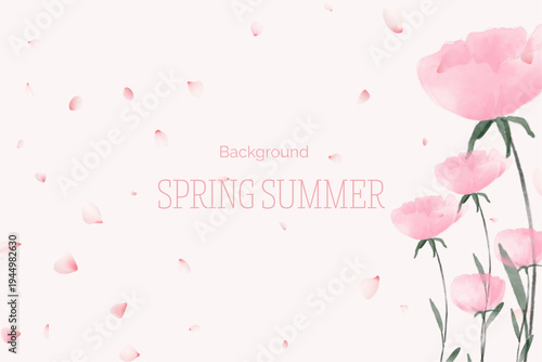 Spring floral in watercolor vector background. Luxury wallpaper design with pink flowers, line art, golden texture.