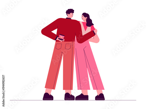 A man is holding a small box behind his back, suggesting a marriage proposal or gift exchange. Romantic illustrations. Flat vector concepts.