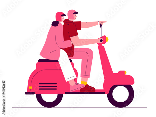 A couple riding a motor scooter together. Romantic illustrations. Flat vector concepts.