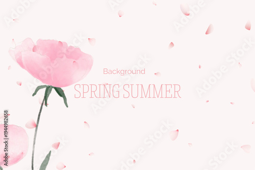 Spring floral in watercolor vector background. Luxury wallpaper design with pink flowers, line art, golden texture.