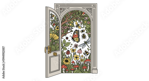 An ornate open white door with carvings reveals a vibrant whimsical garden scene filled with colorful flowers, mushrooms, and insects.