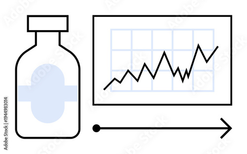 Healthcare trends, pharmaceutical industry, data analysis, market growth, business forecasting, medication production. A medicine bottle beside a line graph with an upward trend. Healthcare trends