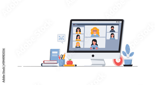 A desktop computer showing a six-person video conference call is set on a white desk with books, pencils, an apple, and a plant.