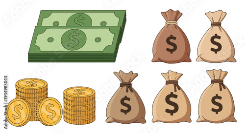 Assorted cash, coins, and money bags representing financial wealth and commerce.