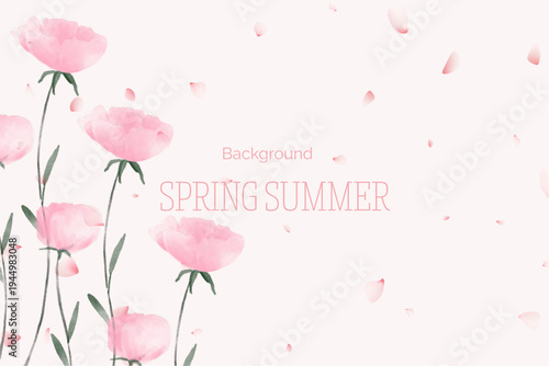 Spring floral in watercolor vector background. Luxury wallpaper design with pink flowers, line art, golden texture.