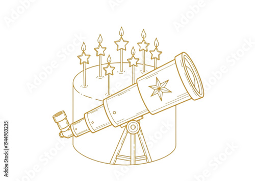 Birthday cake with star candles and a telescope, celebrating science and dreams