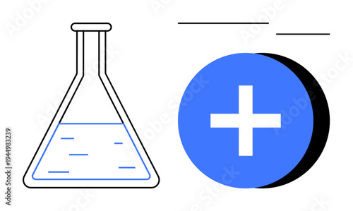 Chemistry concept. Chemistry with a laboratory flask and its connection to medical progress through a healthcare plus symbol. Chemistry for research and healthcare innovation, technology