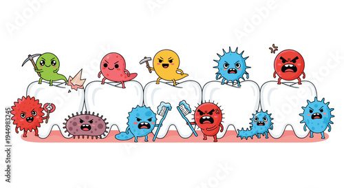 A row of five cartoonish white teeth with pink gums is under attack by numerous colorful, angry-looking bacteria and viruses.