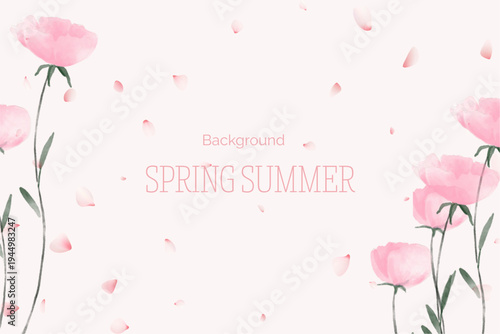 Spring floral in watercolor vector background. Luxury wallpaper design with pink flowers, line art, golden texture.