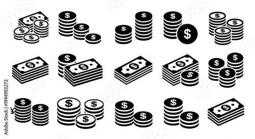 Assorted stashes of coins and banknotes illustrating financial activity.