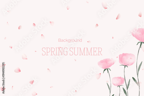 Spring floral in watercolor vector background. Luxury wallpaper design with pink flowers, line art, golden texture.