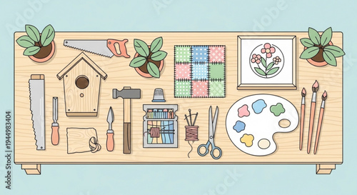 Crafting table with art supplies tools and diy project materials on a wooden surface with plants