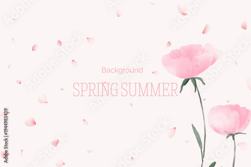 Spring floral in watercolor vector background. Luxury wallpaper design with pink flowers, line art, golden texture.
