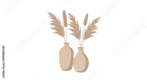 Two distinct beige ceramic vases, one tall and one short, each hold bundles of feathery light brown pampas grass, centrally arranged on a clean white background.