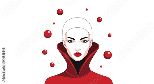 A stylized woman with a pale face, dark eyebrows, and red lips wears a dramatic red cloak and white cap, surrounded by floating glossy red spheres on a white background.