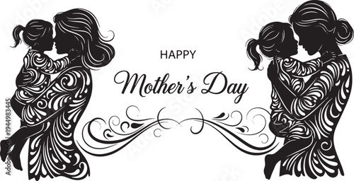 Happy Mother's Day Celebration Featuring Two Mothers Holding Daughters with Ornate Silhouettes