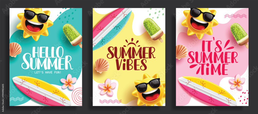 Fototapeta premium Summer greeting text abstract clipart poster set design. Hello Summer, Summer vibes and it's Summer time greeting in colorful abstract background clip art with sun character, surfboard and popsicle 