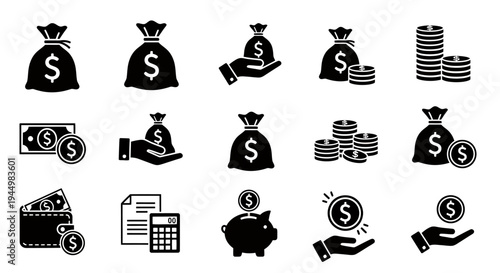 Collection of finance and money icons including bags, coins, wallets, and calculators for graphic design.