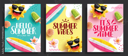 Summer greeting text abstract clipart poster set design. Hello Summer, Summer vibes and it's Summer time greeting in colorful abstract background clip art with sun character, surfboard and popsicle 