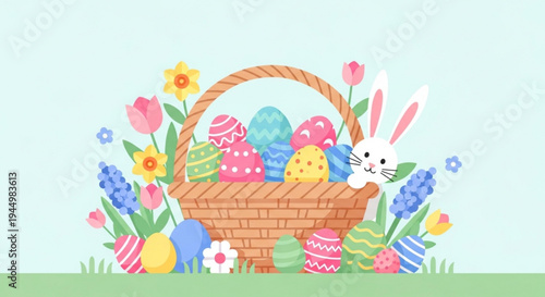Easter basket with colorful eggs and flowers bunny peeking out springtime celebration