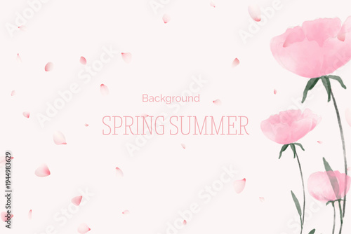 Spring floral in watercolor vector background. Luxury wallpaper design with pink flowers, line art, golden texture.