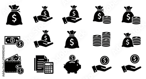 Graphic set of finance and money icons including bags, coins, wallet, calculator and budget symbols.